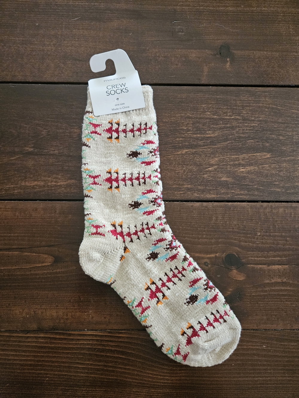 NEW Maurices Women's Crew Socks One Size Cream / Red Fun Geometrical Print